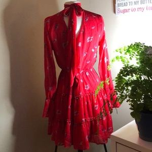 Xhilaration red floral long bell sleeve tier dress